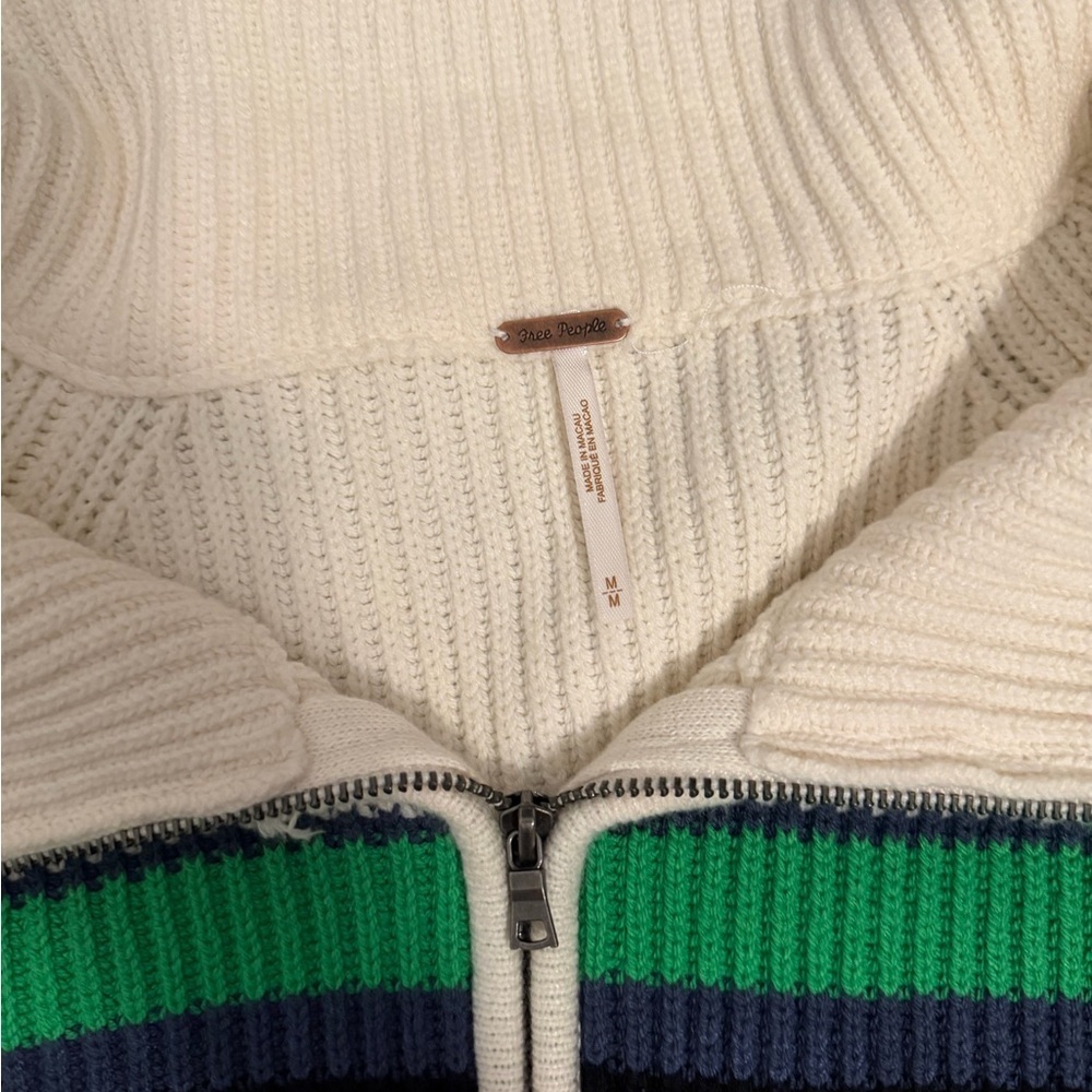 Free People Cream Cropped Turtleneck Sweater with Green & Purple Stripes - Picture 3 of 5